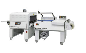 Machine d'emballage semi-automatique par mise sous film, soudeuse en L, tunnel de rétraction, pour secteurs de la production industrielle, agro-alimentaire, textile, blanchisserie, produits en bois, produits en plastique.